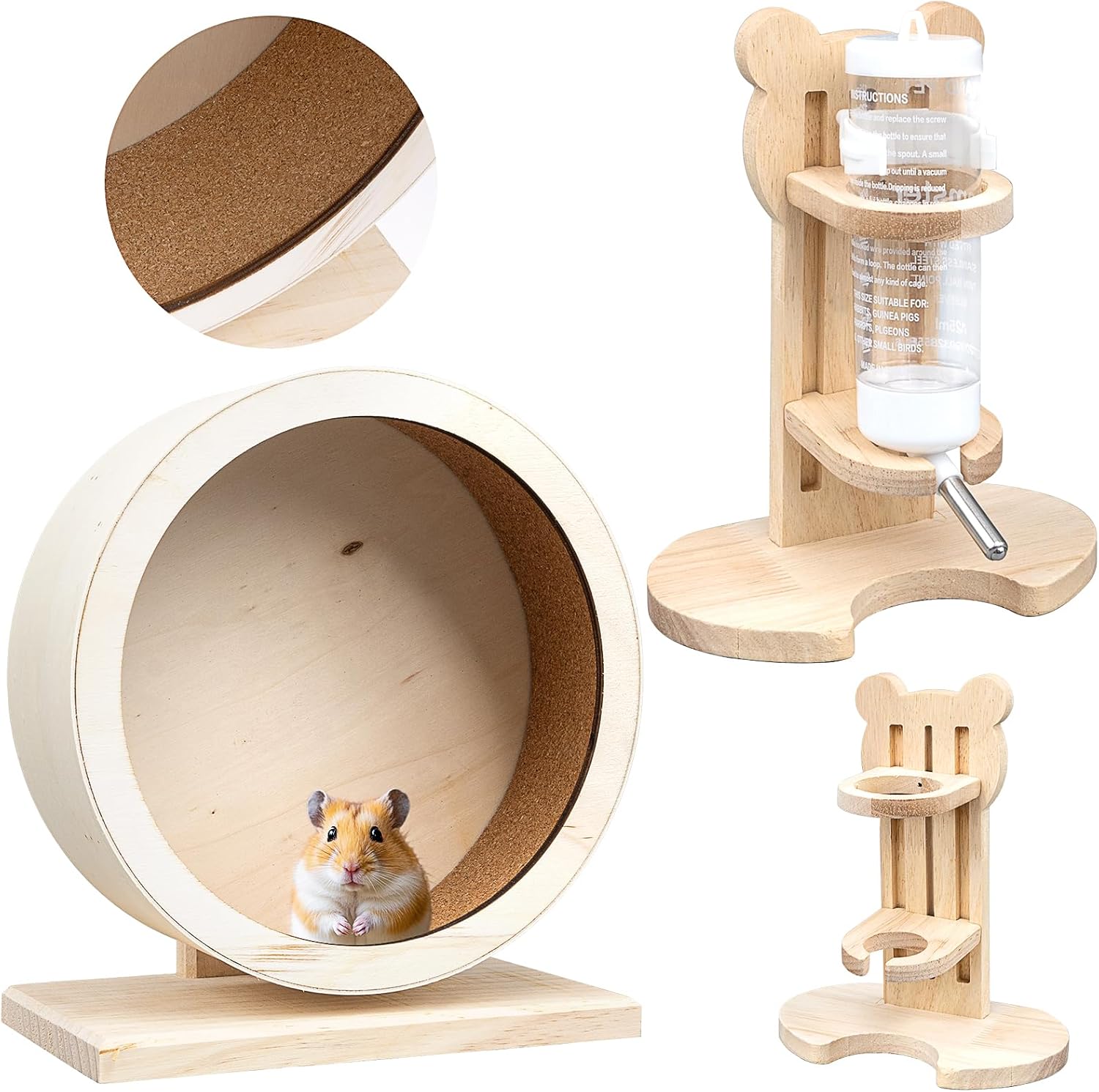 2er-Set Hamsterrad & Wasserflaschenhalter-Set aus Holz, leises Rad für Kleintiere mit Trinkflaschenständer, Laufspielzeug für Hamster, Mäuse, Rennmäuse, Ratten, Chinchillas, Meerschweinchen