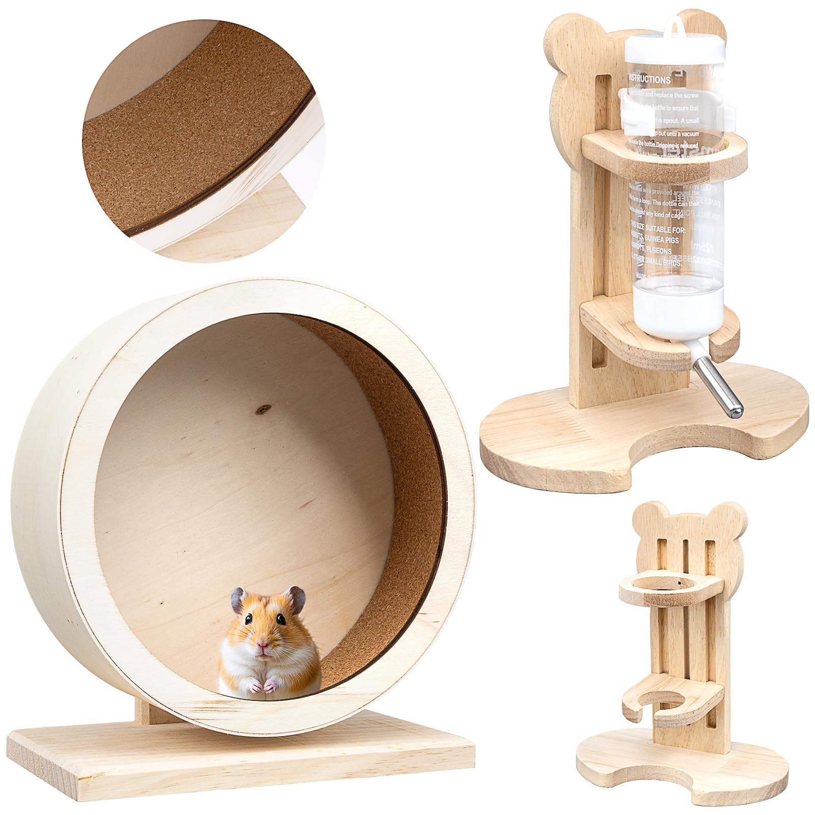 2 Pcs Wooden Hamster Wheel & Water Bottle Holder Set, Small Pets Silent Exercise with Water Bottle Stand, Running Spinner Wheel Play Toy for Syrian Hamsters Gerbils Rat Mice Dwarf Small Chinchilla