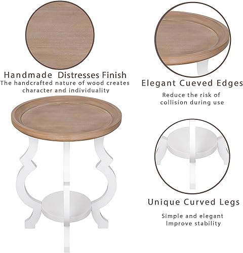 Miniatura 6 de Mesa auxiliar de granja, mesa auxiliar redonda de madera, mesa decorativa de 2 niveles para la familia, sala de estar o espacios pequeños, patas