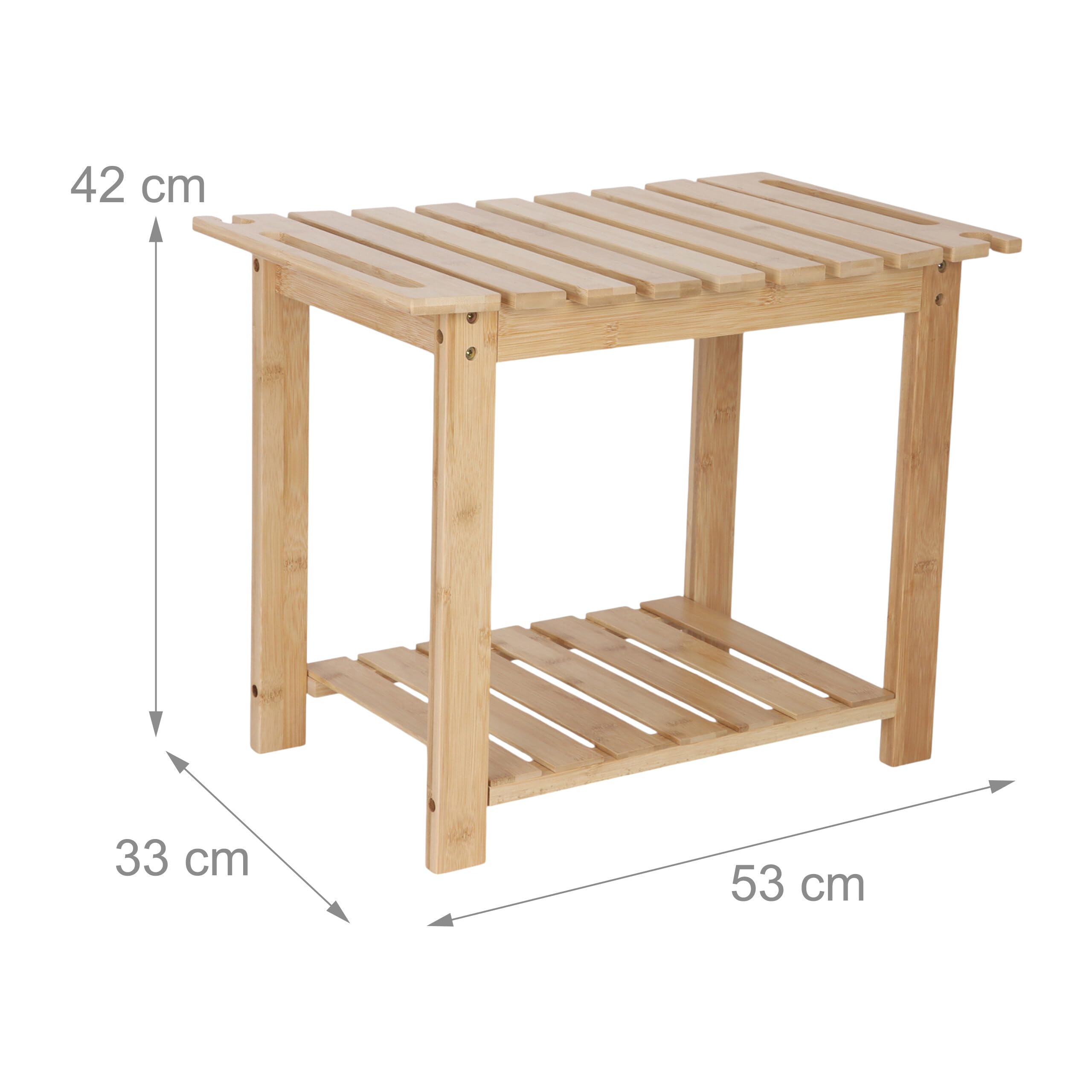 Relaxdays Sgabello in bambù con ripiano, Maniglie, portadoccia, 42x53x33 cm, Colore Naturale