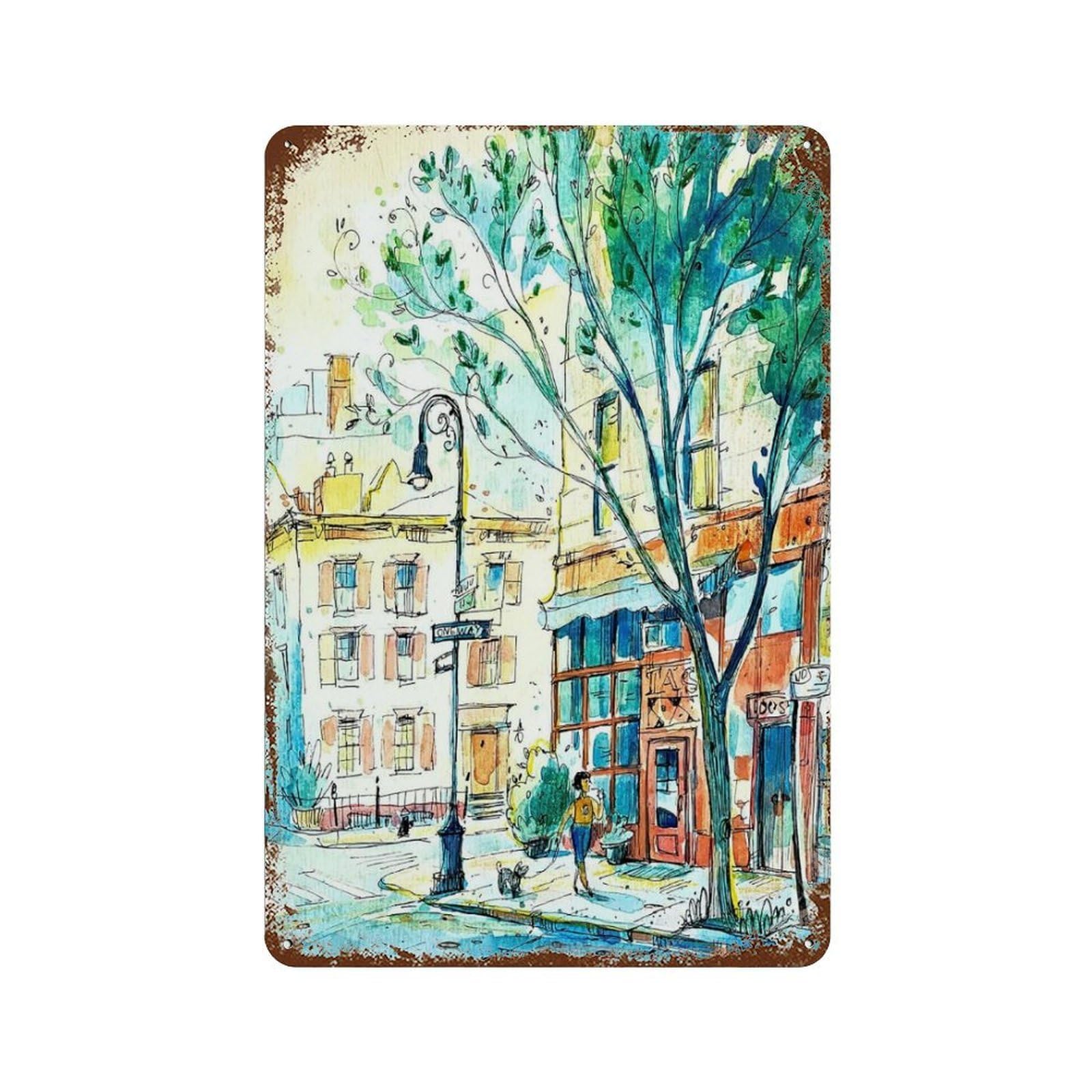 xiaoxiaoshen Cityscape Greenwich Village Morning Wall Decor Art Metal Tin Poster Modern Home Decor Art Home Bar Shop Decorations Vintage Sign 30x20cm