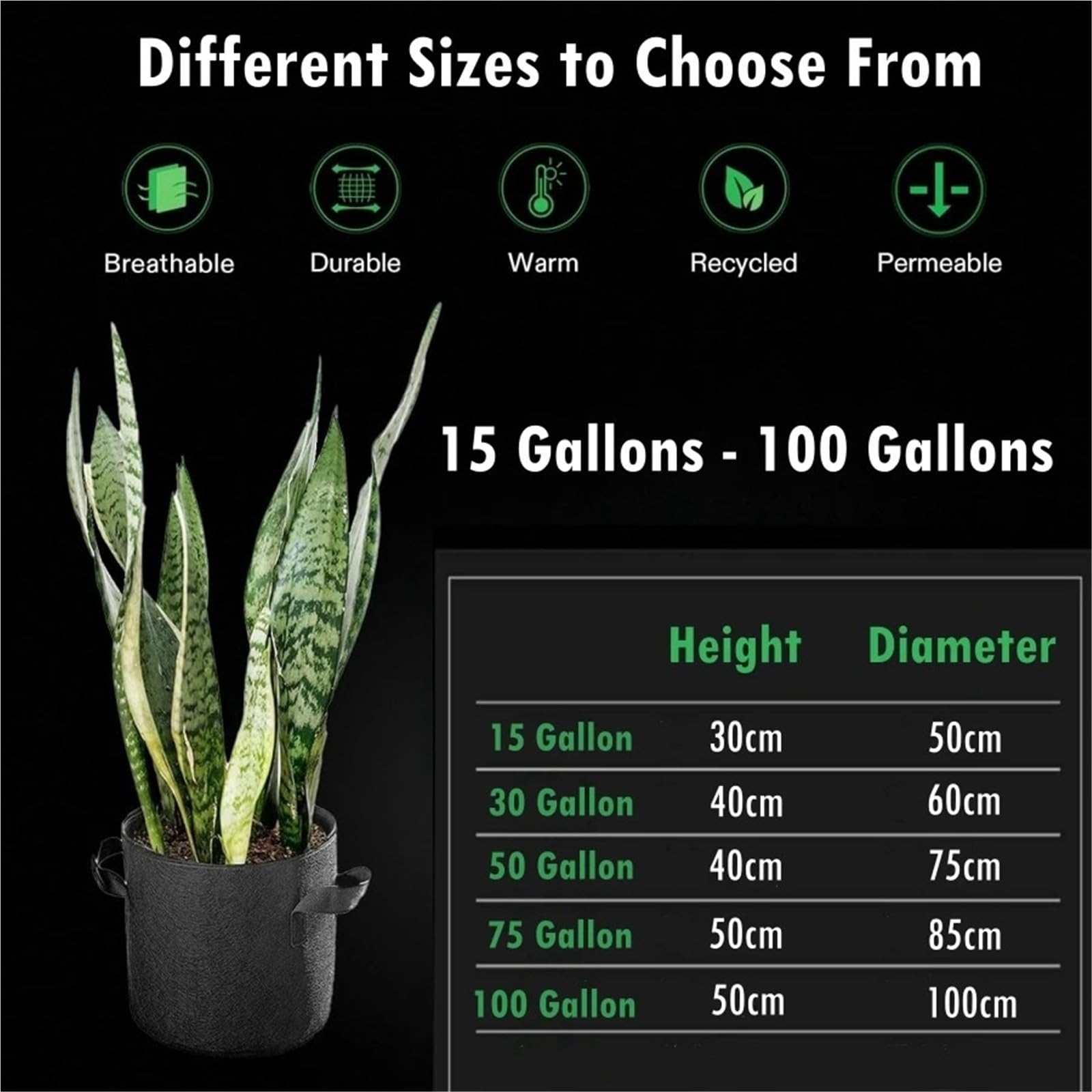 Stofftopf 30–100 Gallonen großer Vlies-Wachstumsbeutel | For Blumen Obstbaum Gemüsebehälter(50 Gallon)