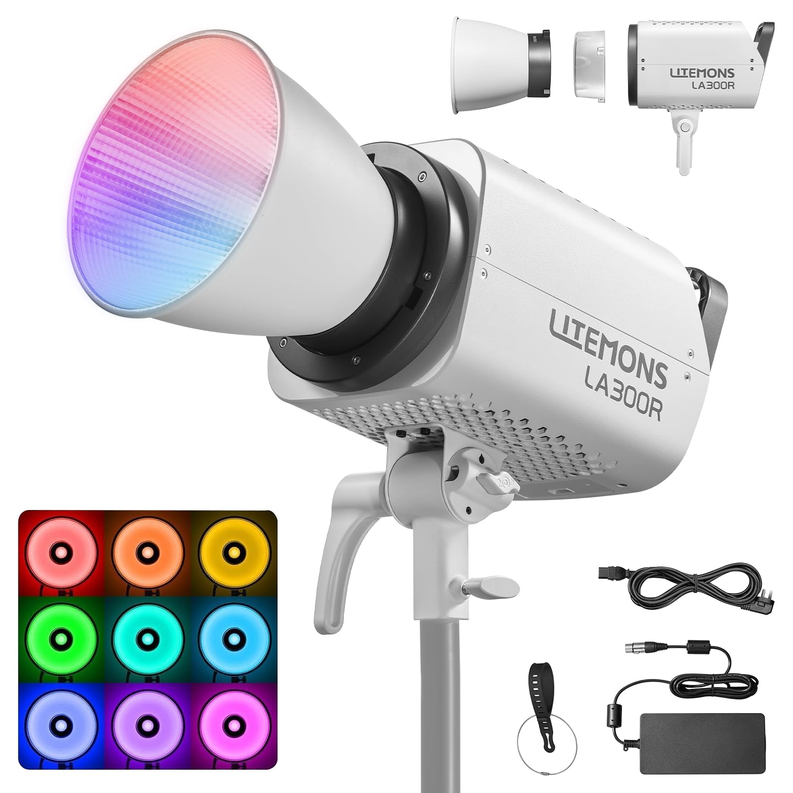 Godox LA300R RGB LED lampa wideo z torbą do przenoszenia, 330 W, 102000 Lux, 1 m, jasne, ciągłe światło, 1800 K-10000 K, Bowens Mount RGB LED, światło ciągłe z 14 efektami FX do wideografii