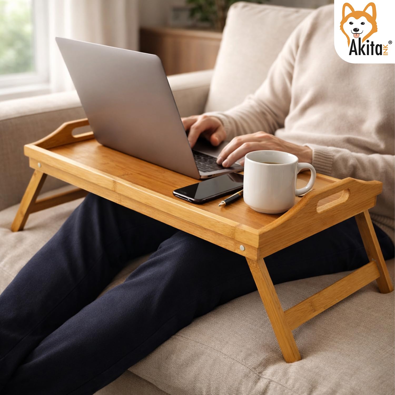 Vassoio Tavolino da Letto Pieghevole in Bamboo 50x30 cm - Tavolino per Colazione con Maniglie, Gambe Richiudibili, Ideale per Letto, Divano e Pc