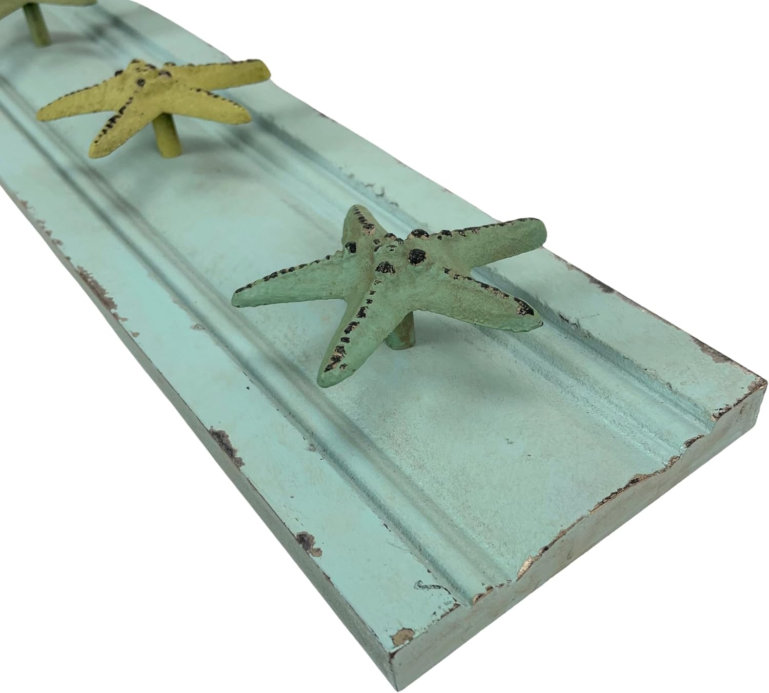 Mayrich Company Charming Cast Iron Starfish Wall Hook Rack – 31.5 Inch Wooden Backing – 5 Hooks for Keys, Towels, or Accessories – Perfect Coastal Decor