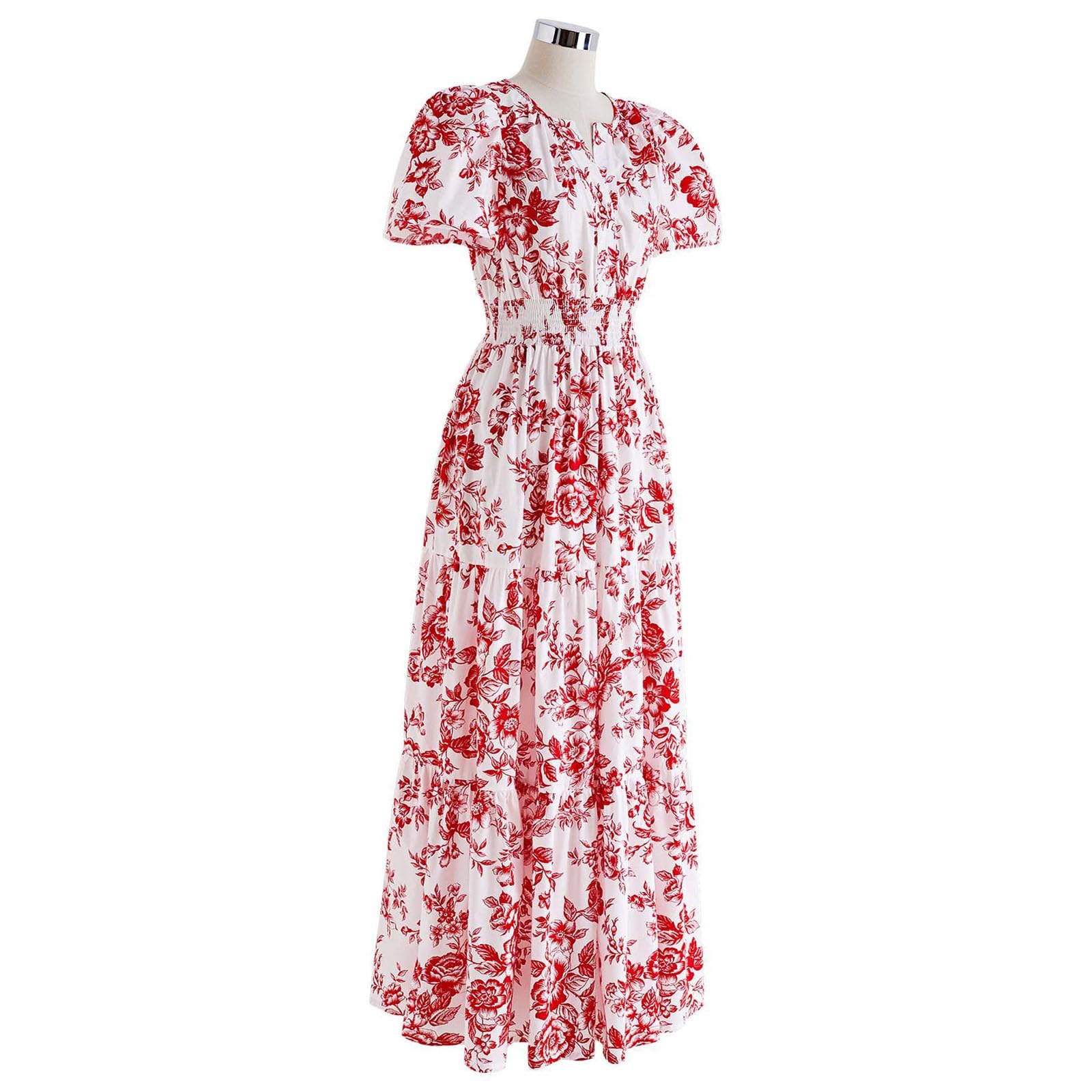 CHICWISH Maxi abito lungo da donna in cotone con maniche a bolla con stampa floreale scollo a V elastico in vita casual rosso abiti estivi lunghi