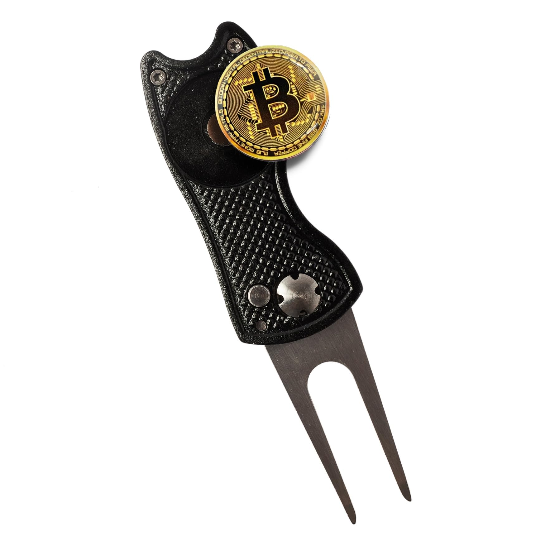 HODL 21 Bitcoin Golf Divot Repair Tool, All-Metal Golf Accessories - 3- in-1 Golf Multitool (Divot Tool, Ball Marker, Club Holder) | Foldable with with Pop-up Button & Magnetic Ball Marker