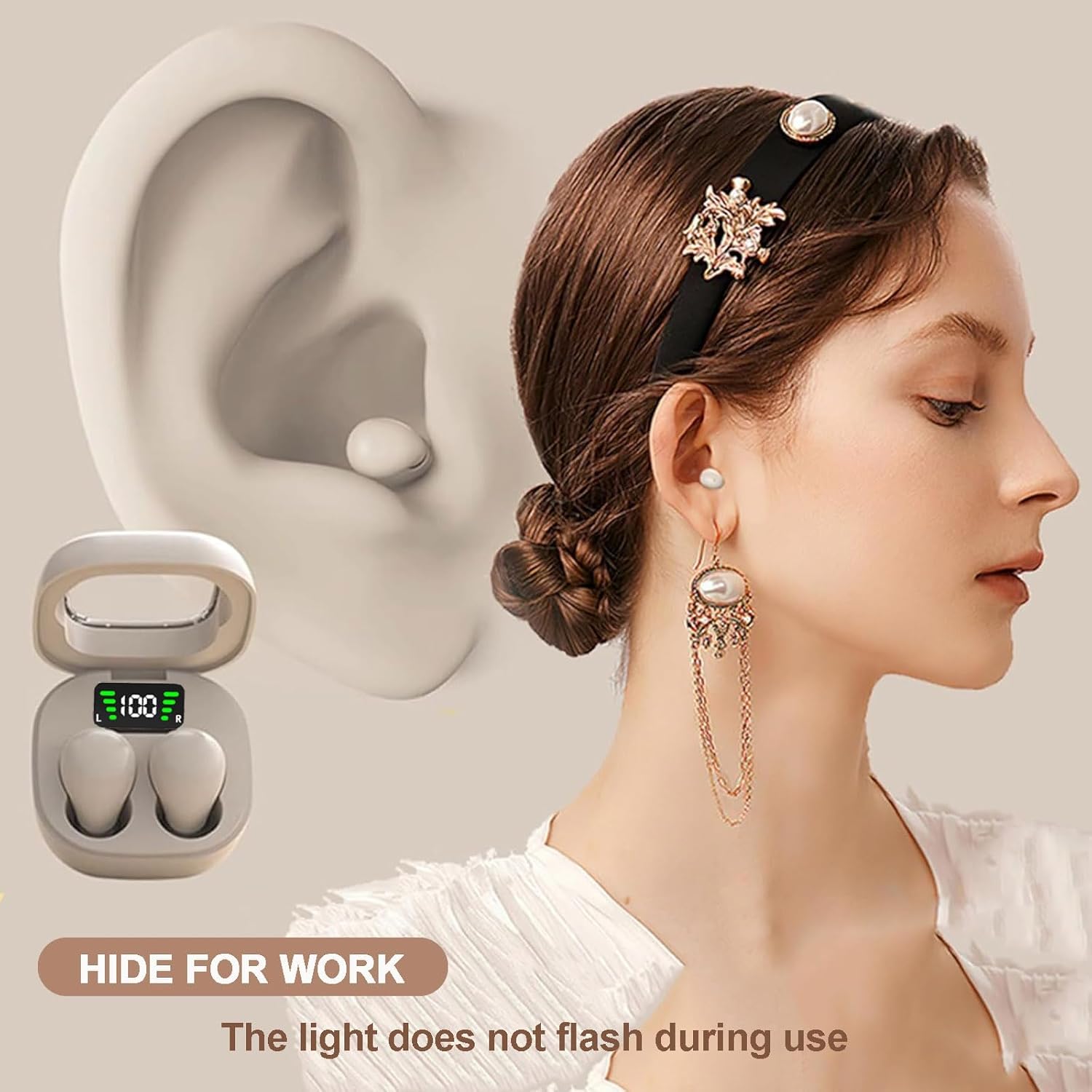 Woman wearing a discreet earbud, with an illustration of an ear showing the earbud's fit.