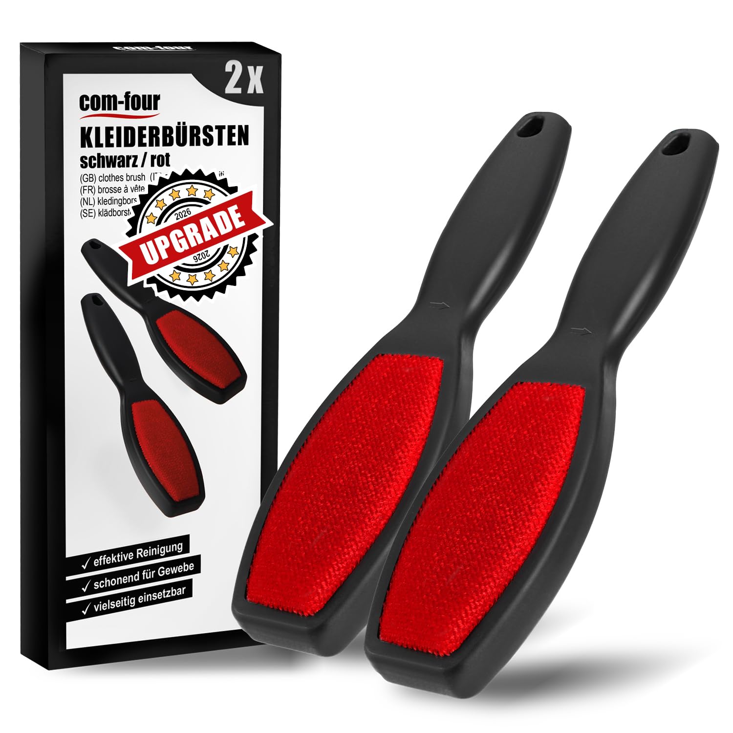 com-four® 2X Kleiderbürste (2026) – doppelseitige Fusselbürste für Kleidung, Möbel & Textilien – entfernt Flusen, Tierhaare, Staub & Fussel schnell und effektiv (2 Stück - schwarz/rot)