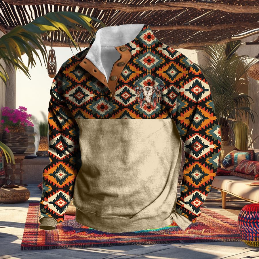 MARSVOVO Men's Cowboy Sweatshirt Button Up Shirt Men Aztec Ethnic Print Long Sleeve Fall Winter Vintage Graphic Hoodies3