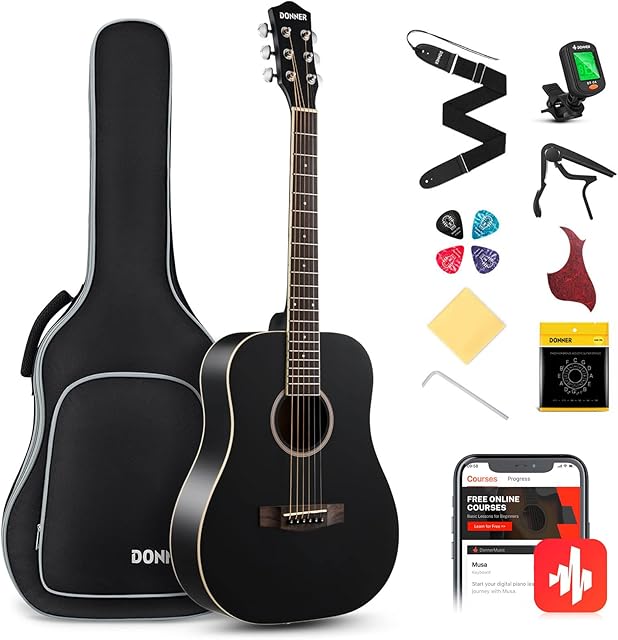 Donner Acoustic Guitar for Beginner Adult 36'' Dreadnought 3/4 Size Black Guitar Bundle Package Kit Travel, Spruce Wood With Gig Bag Capo Tuner Strap String Guitar Picks DAG-1MB