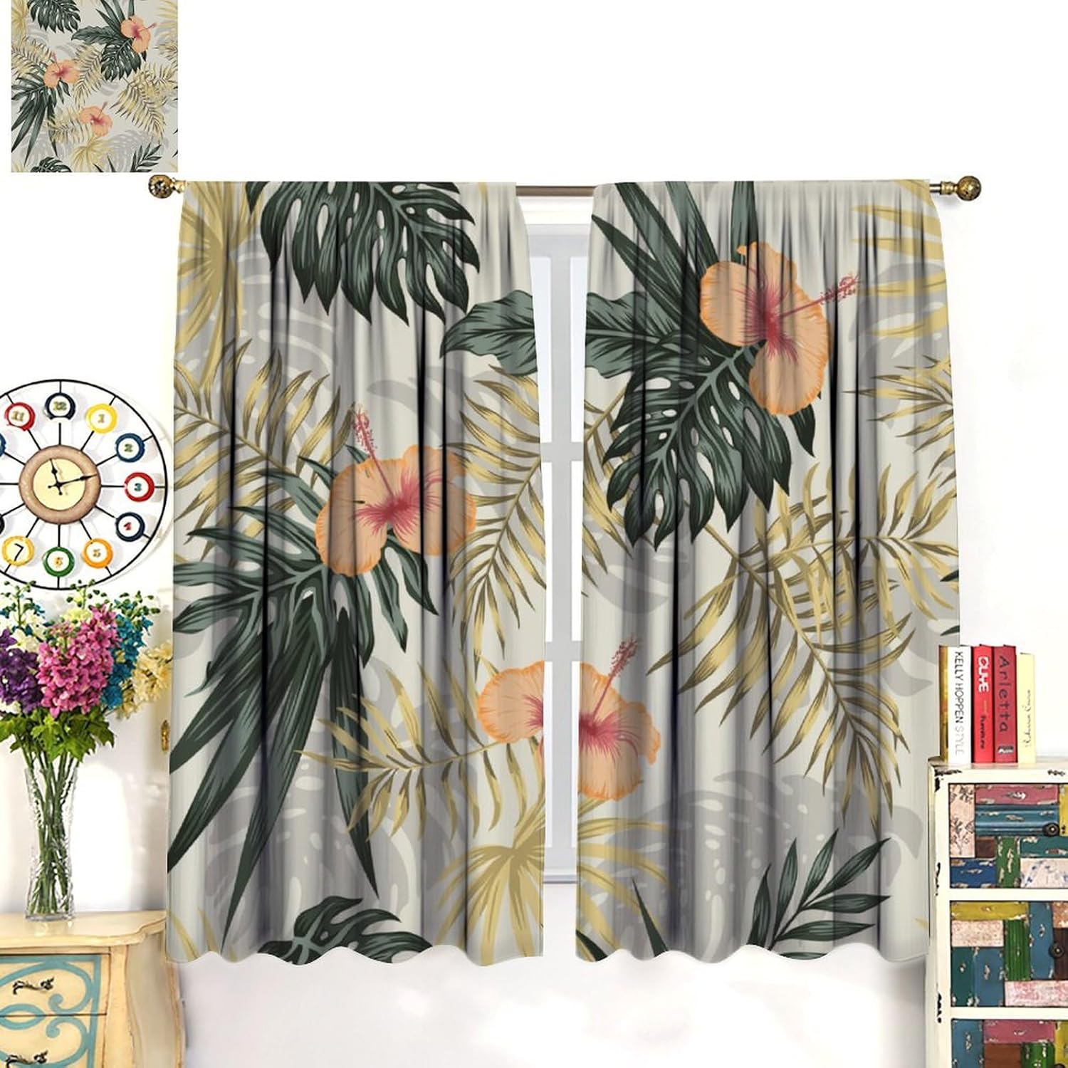 Tropical Leaves Blackout Curtains, Retro Boho Palms Tree Hawaii Jungle Window Treatments Botanical Modern Window Drapes for Living Room Bedroom Kitchen W52xL84in