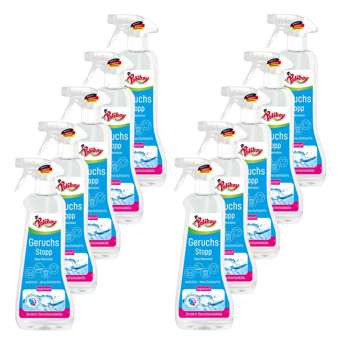 POLIBOY Geruchsstopp - Geruchsentferner gegen organische Gerüche - Duftstofffreier Geruchsneutralisierer - 10x 500 ml - Made in Germany