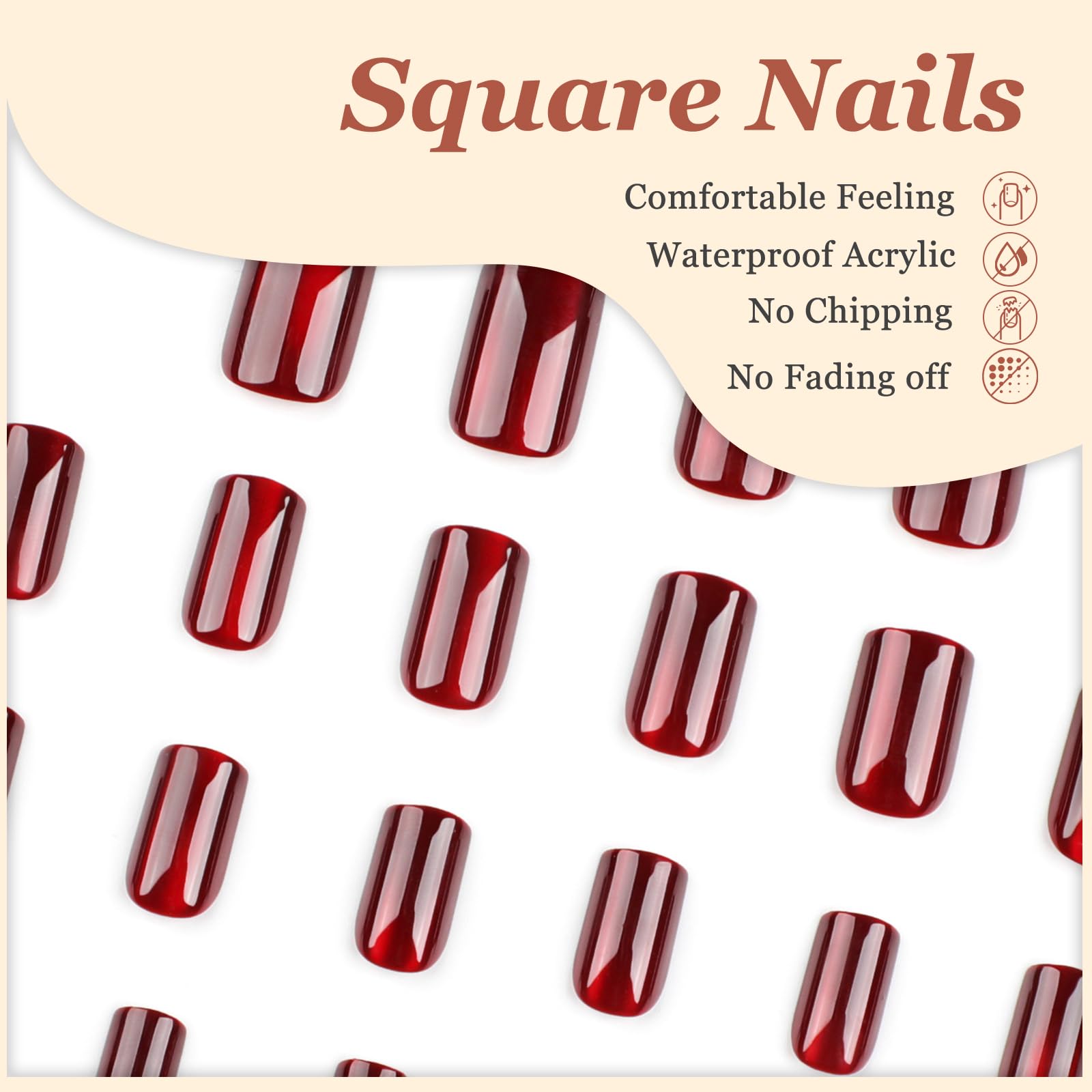 24Pcs French False Nails, Wine Red Elegant Press on Nails with Cat Eye Design, Short Square Fake Nails - Image 3