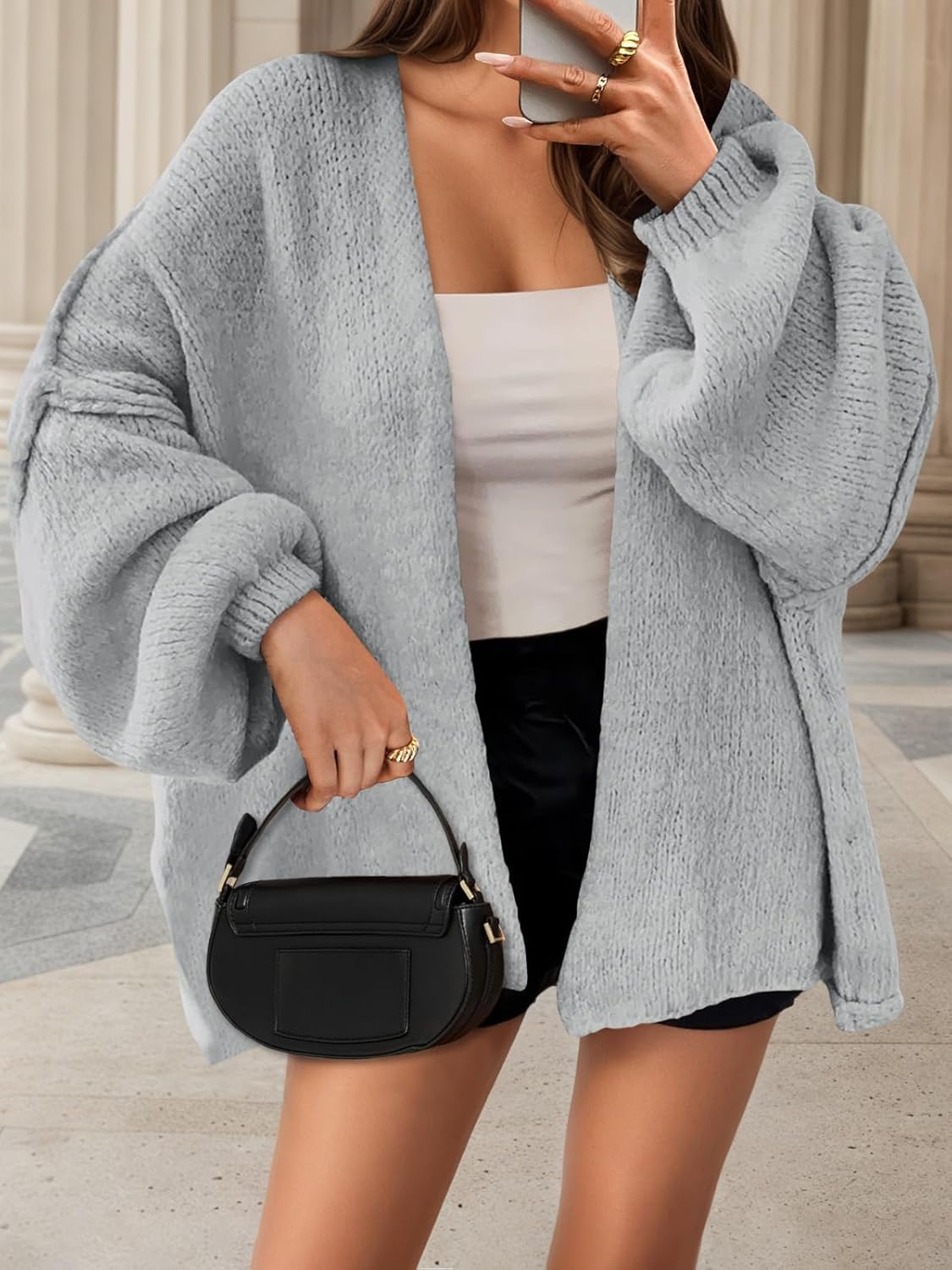 Saodimallsu Womens Oversized Cardigan Sweaters Open Front Chunky Knit Casual Long Lantern Sleeve Fall Sweater Coats - Image 3