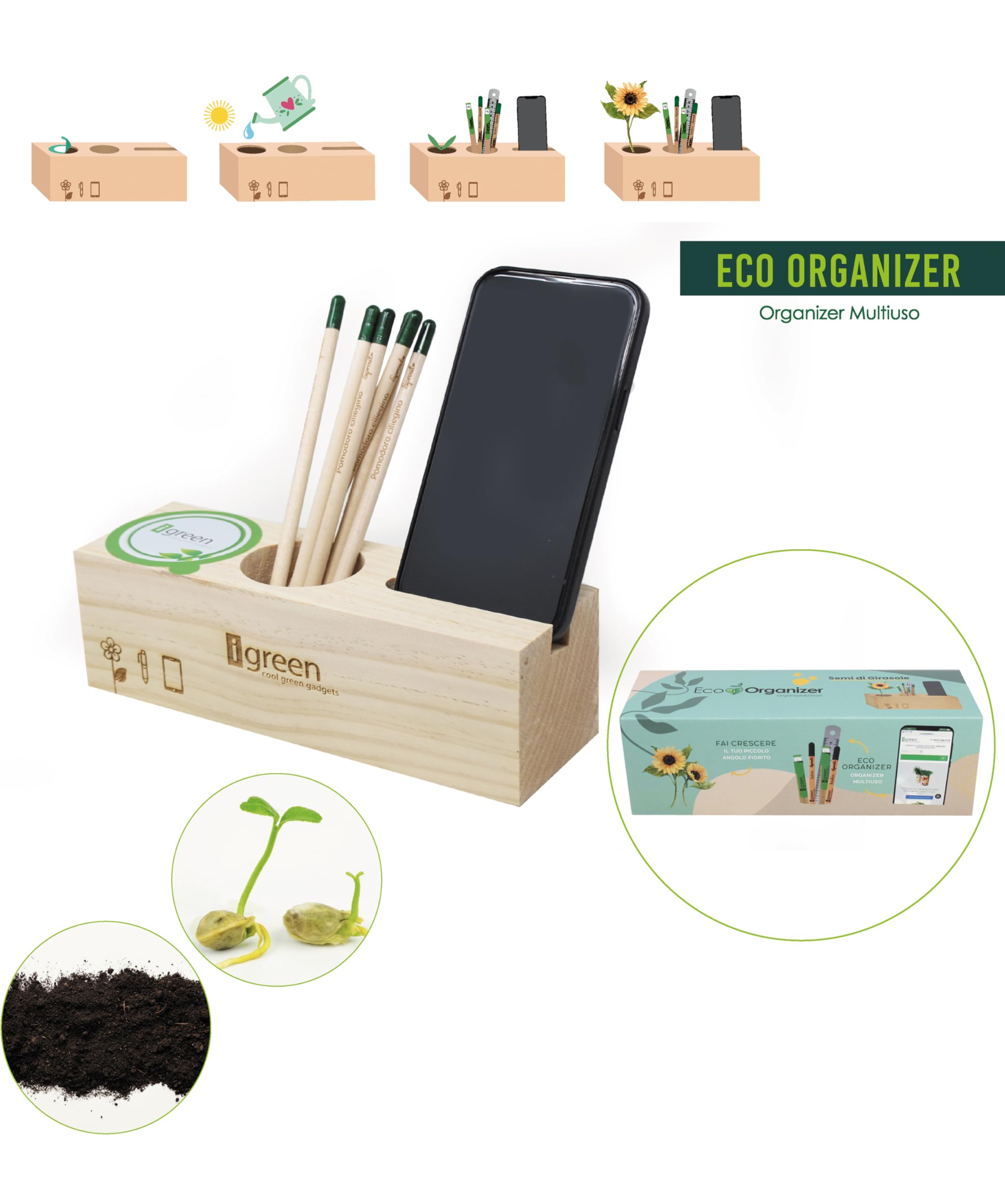 iGreen Eco Organizer da Scrivania (Girasole), Porta Penne e Matite da Scrivania con Supporto per Smartphone e Kit di Crescita per Fiori & Piante