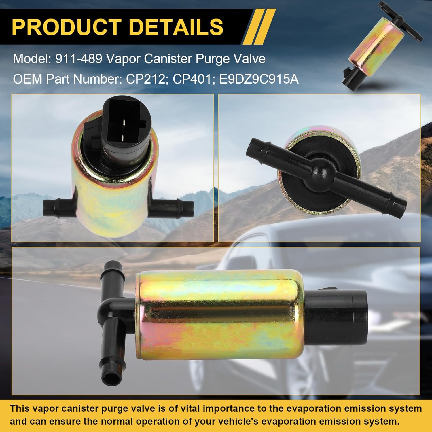 911-489 Vapor Canister Purge Palve-Fits Ford E-150/ F-150/ F-250/ Taurus/Tempo, Lincoln Mark/Continental, Mercury Sable/Topaz/Others Series，Gold-Plated Iron and PA Plastic Materials