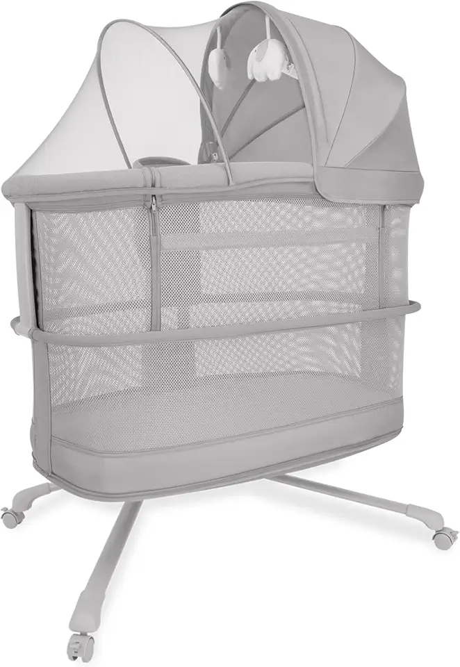 Mastela Berço Móvel Com Balanço Automático, 3 Alturas, Cinza Escuro, Controle por App, Base com Rodas - Até 18 kg