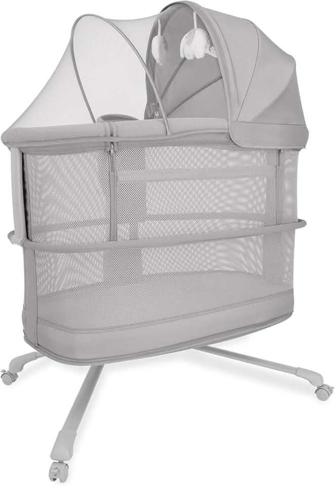 Mastela Berço Móvel Com Balanço Automático, 3 Alturas, Cinza Escuro, Controle por App, Base com Rodas - Até 18 kg