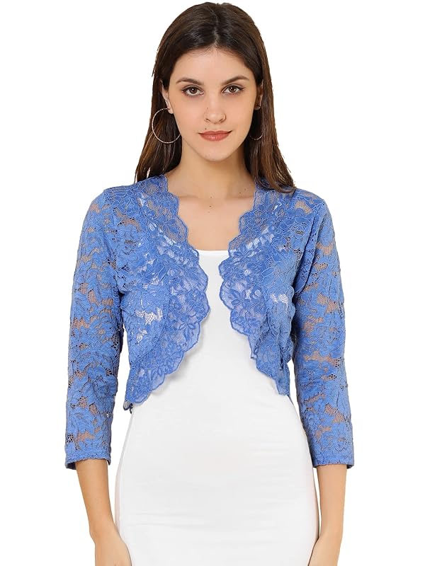 Allegra K Women's Elegant 3/4 Sleeve Sheer Floral Lace Shrug Open Front Cropped Bolero Cardigan X-Large Gray Blue by Allegra K - Used condition - Image 2