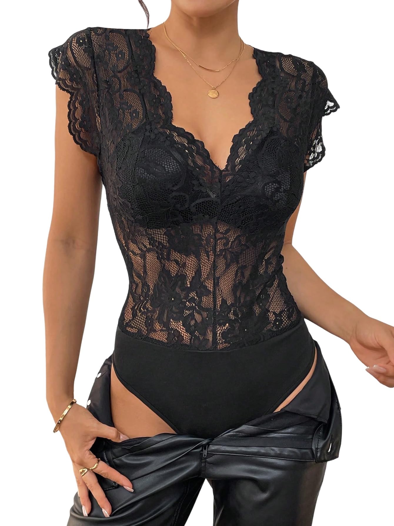 GORGLITTER Damen Body Elegant Spitzenbody Flügelärmel Bodysuit V-Ausschnitt