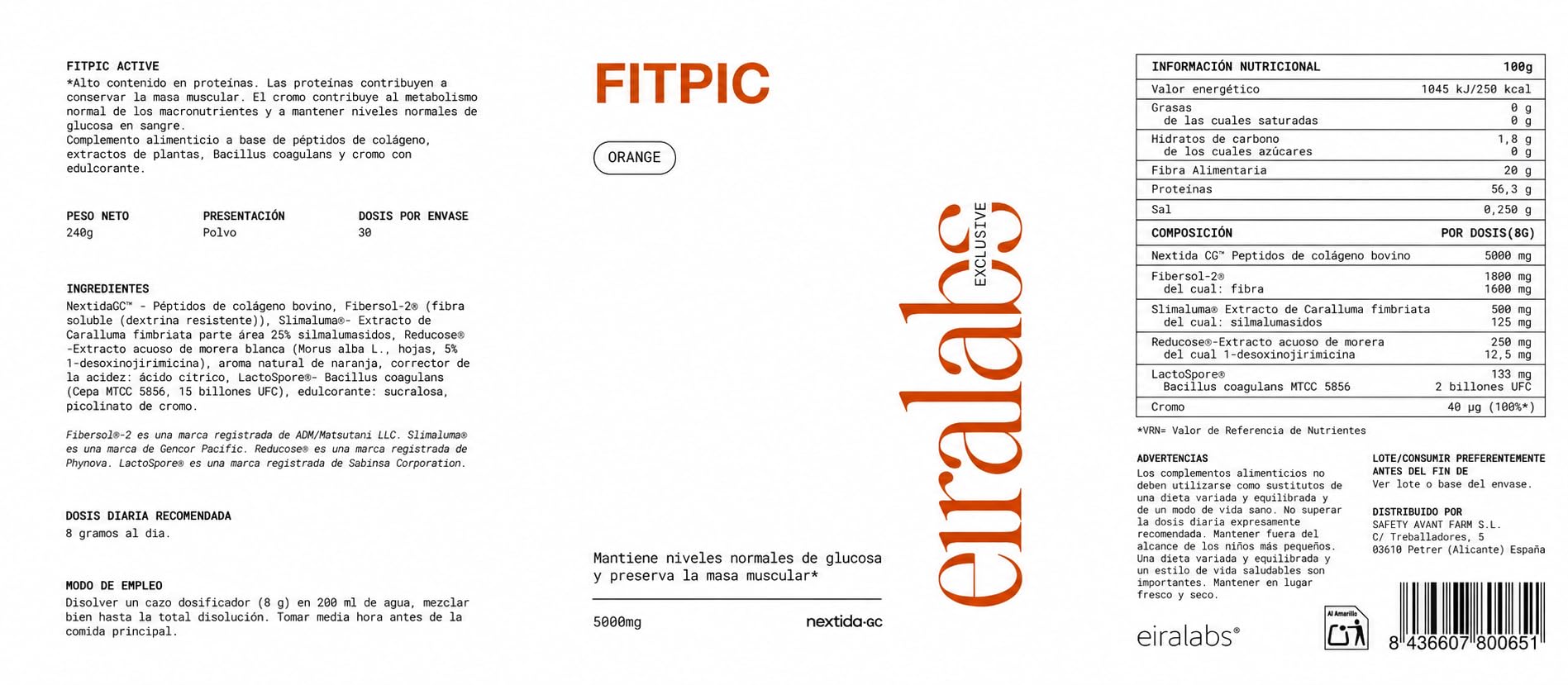FITPIC - Complemento Alimenticio con Peptidos de Colageno, Fibra, Reducose, Simaluma y Cromo, 30 Dosis, Sabor Naranja