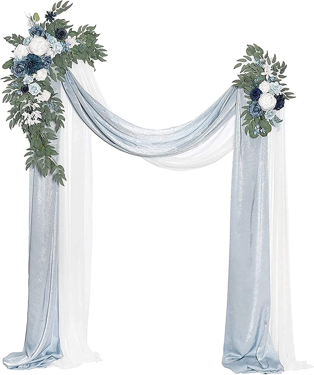 Bogenblumen mit Vorhängen-Set – künstliches Blumen-Swag-Arrangement mit drapiertem Stoff for Hochzeitszeremonie, Laube im Hintergrund
