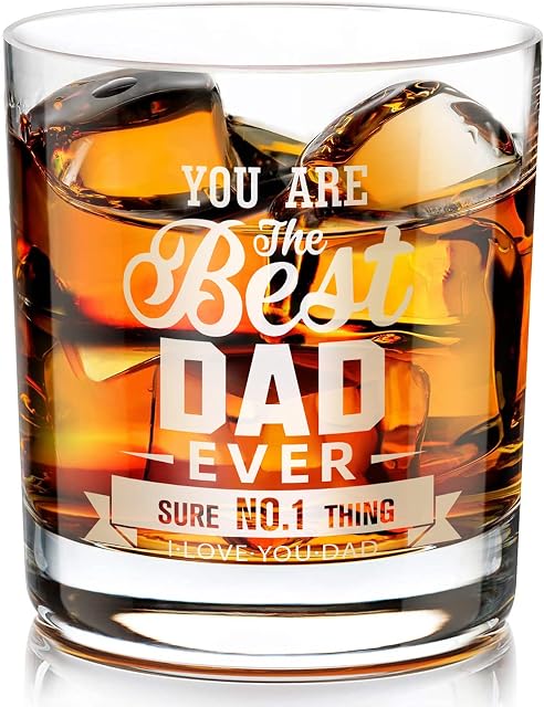Gifts for Dad Whiskey Glass, Personalised Whiskey Tumbler Gift for Father's Day, Birthday, Anniversary for Men, Dad, Husband, Grandpa, Best Dad Ever Whiskey Glass with 4 Greeting Cards - 10 Oz