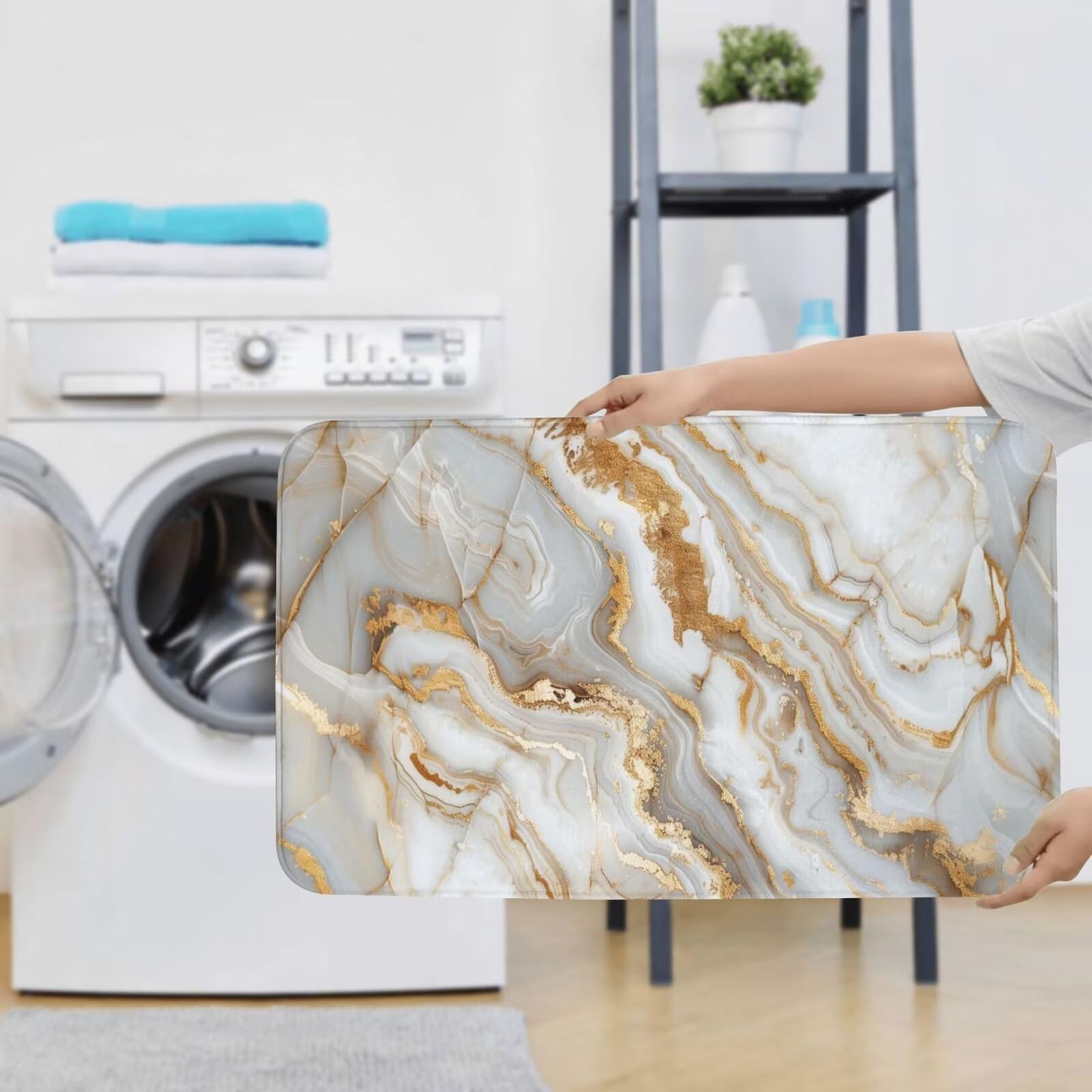 Juego de 3 alfombrillas de baño de mármol dorado, juego de alfombras de baño abstractas con parte trasera de goma con contorno en forma de U para baño, baño, suelo, ducha, mármol blanco