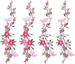 4 pcs Flower Butterfly Embroidery Patches, Long Floral Iron on Appliques Butterfly Flower Embroidered Iron On Patches for Clothes Dresses Decorative DIY Craft Sewing