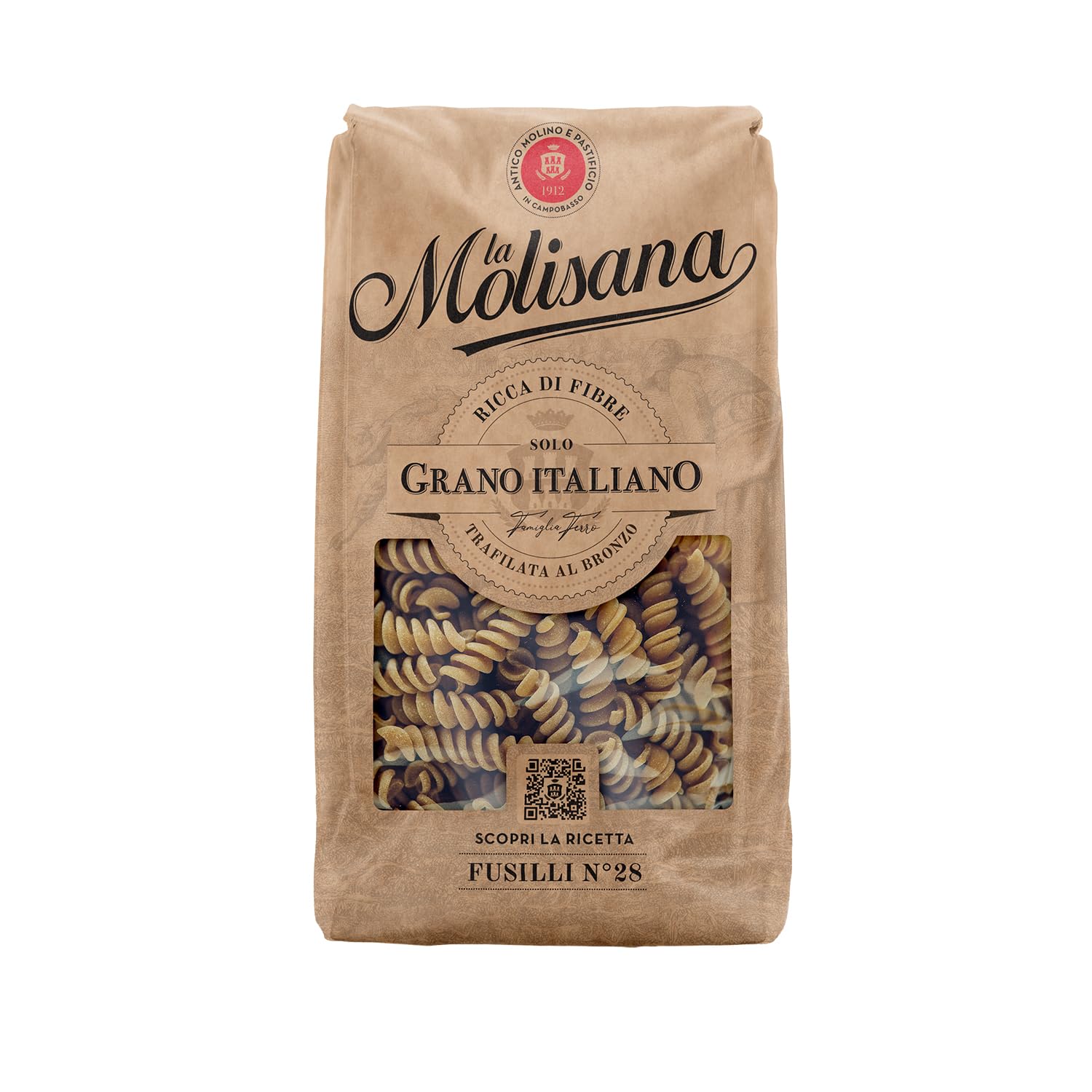 La Molisana, Fusilli Integrali n. 28, Pasta Integrale da Solo Grano Italiano - Trafilata al Bronzo, Ricca di Fibre, Ruvida e Tenace con Eccellente Tenuta in Cottura - Confezione da 500g