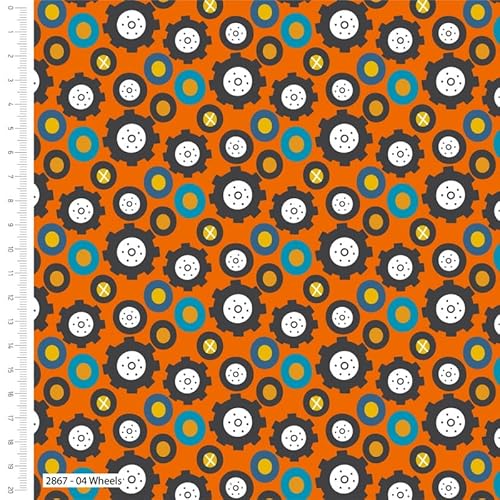 The Craft Cotton Co 04 Wheels - Diggers Wheels Fabric By 0.5 Metres 110Cm Wide, Orange, 100% Cotton Children's Fabric For Crafts, Quilting, Sewing, Dressmaking, Patchwork