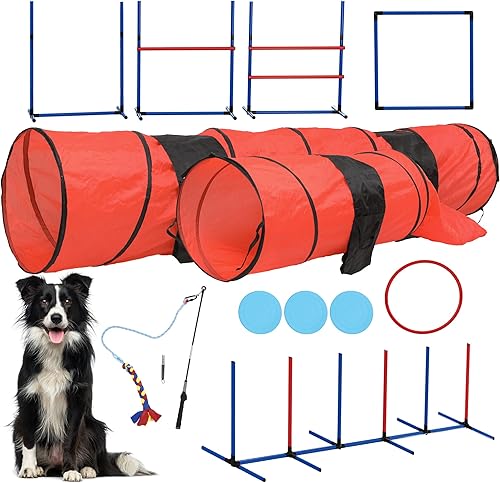 Miniatura 7 de YITAHOME Equipos de agilidad para perros: incluye poste de coqueteo, 3 discos voladores, 2 túneles de agilidad, 3 saltos, 6 postes de tejido, caja
