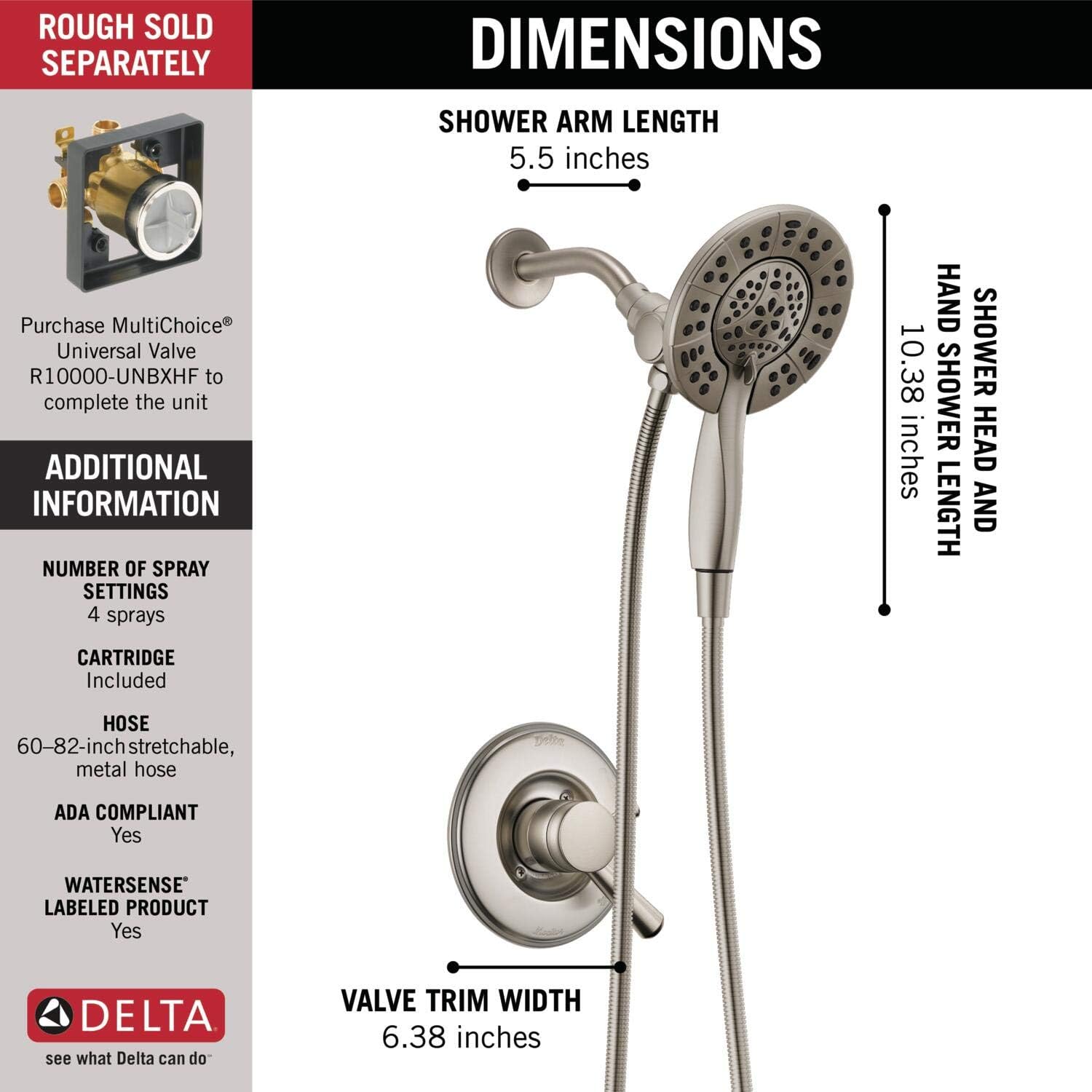 Nеw Arrіvаlѕ Delta Faucet Linden 17 Series Dual-Function Shower Faucet, Shower Trim Kit with 4-Spray In2ition 2-in-1 Dual Hand Held Shower Head with Hose, Stainless T17293-SS-I (Valve Not Included)