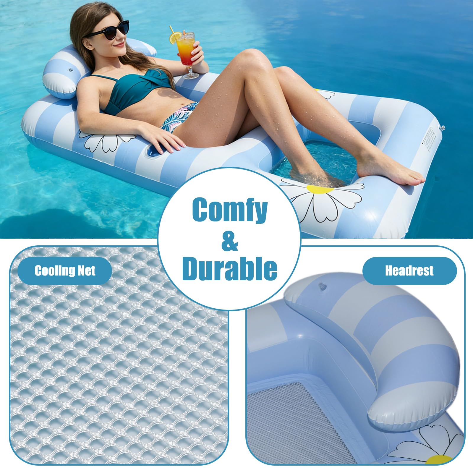 QuFrotty Inflatable Pool Floats For Adults With Headrest & Cup Holder, Large Adults Size Pool Floaties Lounger Lilo - Image 2
