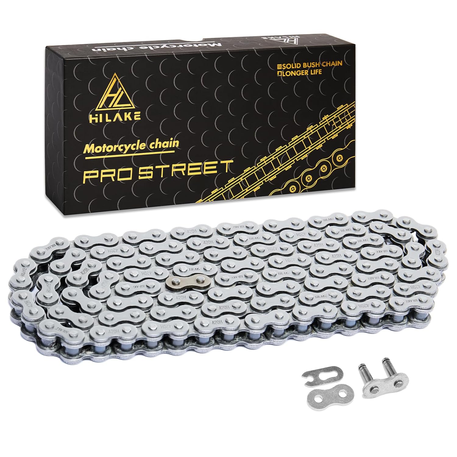 420H Motorcycle Chain 132 Links, Heavy Duty Reinforced Drive Chain, Rust-Resistant, Pre-Oiled, Non O-Ring, Includes 4Pcs Master Link & Chain Breaker Tool (420H-132L)