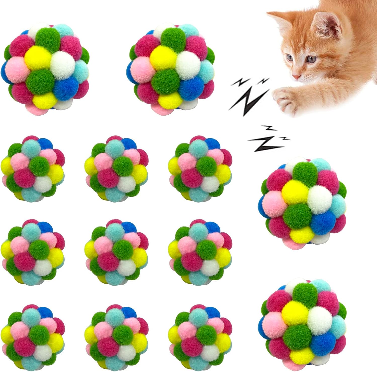 Yaonrach Cat Bell Balls Toy - 13 Pack Colorful Soft Kitten Balls with Bell Inside, Interactive Chasing Cat Fuzzy Chewing Balls with…