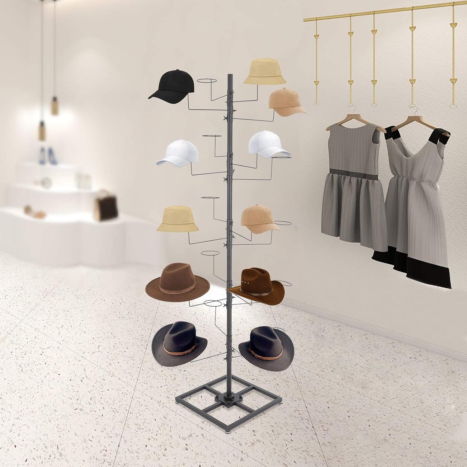 Hat Rack Stand, 20 Circular Hooks, Rotating Hat Display Rack Large Freestanding Metal Hat Organizer for Home Stores (Black, 6ft Tall)