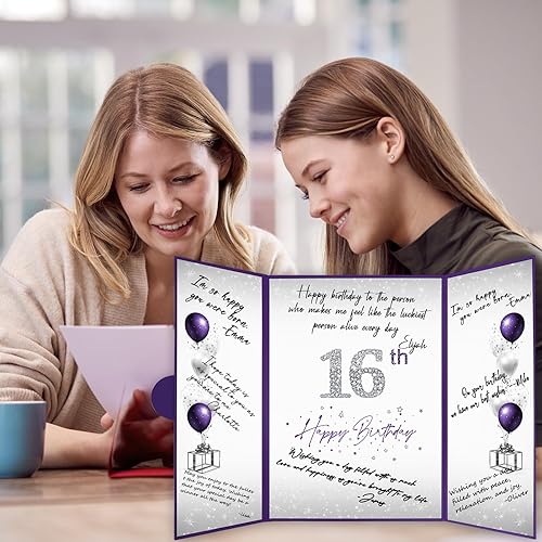 Miniatura 4 de Crenics Decoraciones de cumpleaños de 16 años, alternativa creativa para libro de invitados de cumpleaños número 16, morado y plateado, libro de