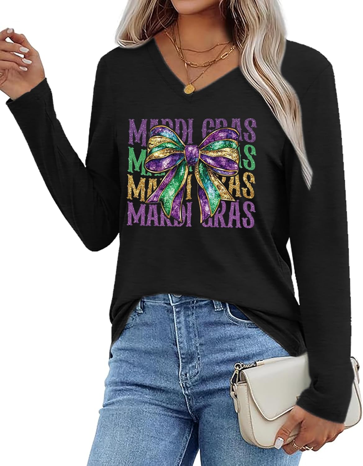 Mardi Gras Shirts Women: Fat Tuesday Shirt Carnival Mask Graphic Tee New Orleans Party Long Sleeve V Neck Top - Image 5