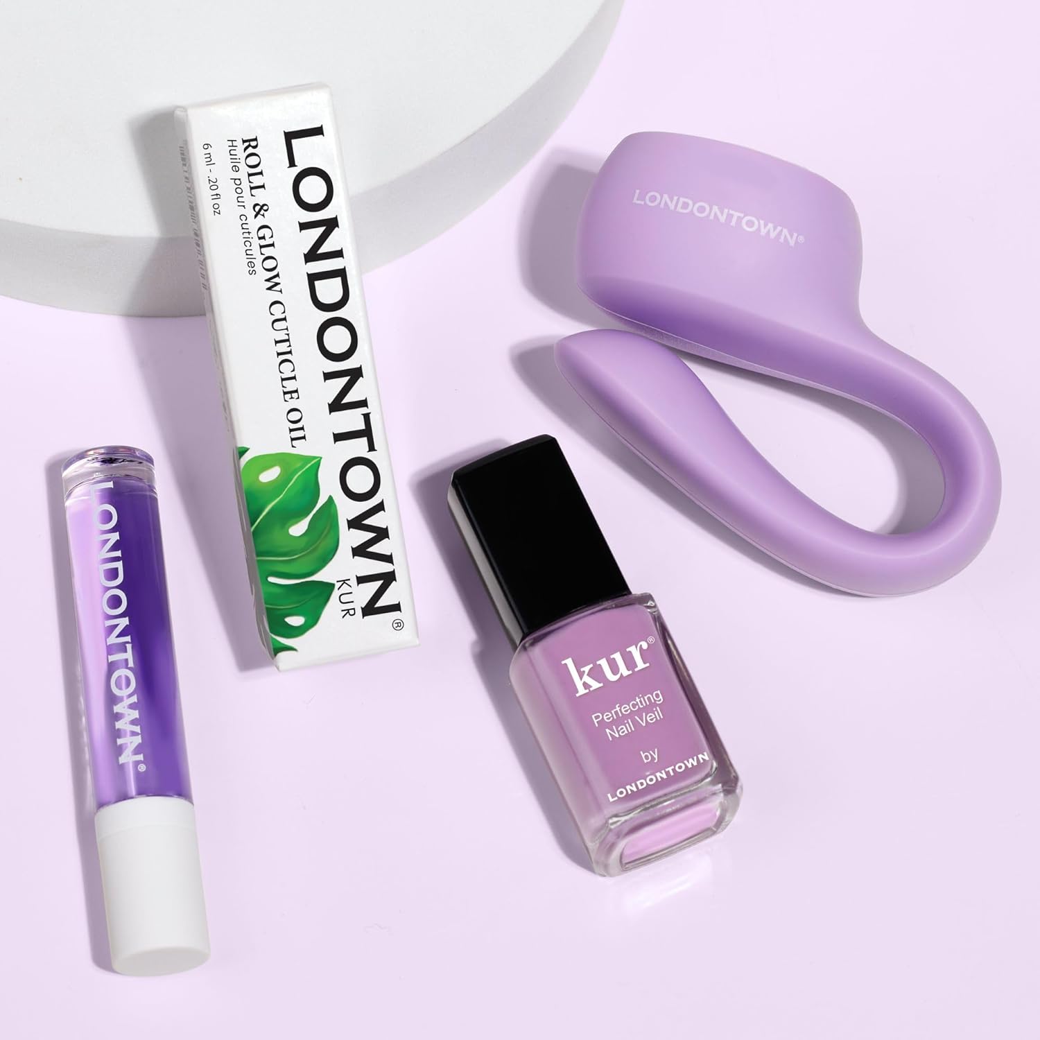 LONDONTOWN Violet Vibes Nail Polish Set - Perfecting Nail Veil #9, Sheer Lilac Tint, .40fl oz, with Bottle Service Polish Holder and Roll & Glow Cuticle Oil, Passionfruit for Dry Cracked Cuticle Care