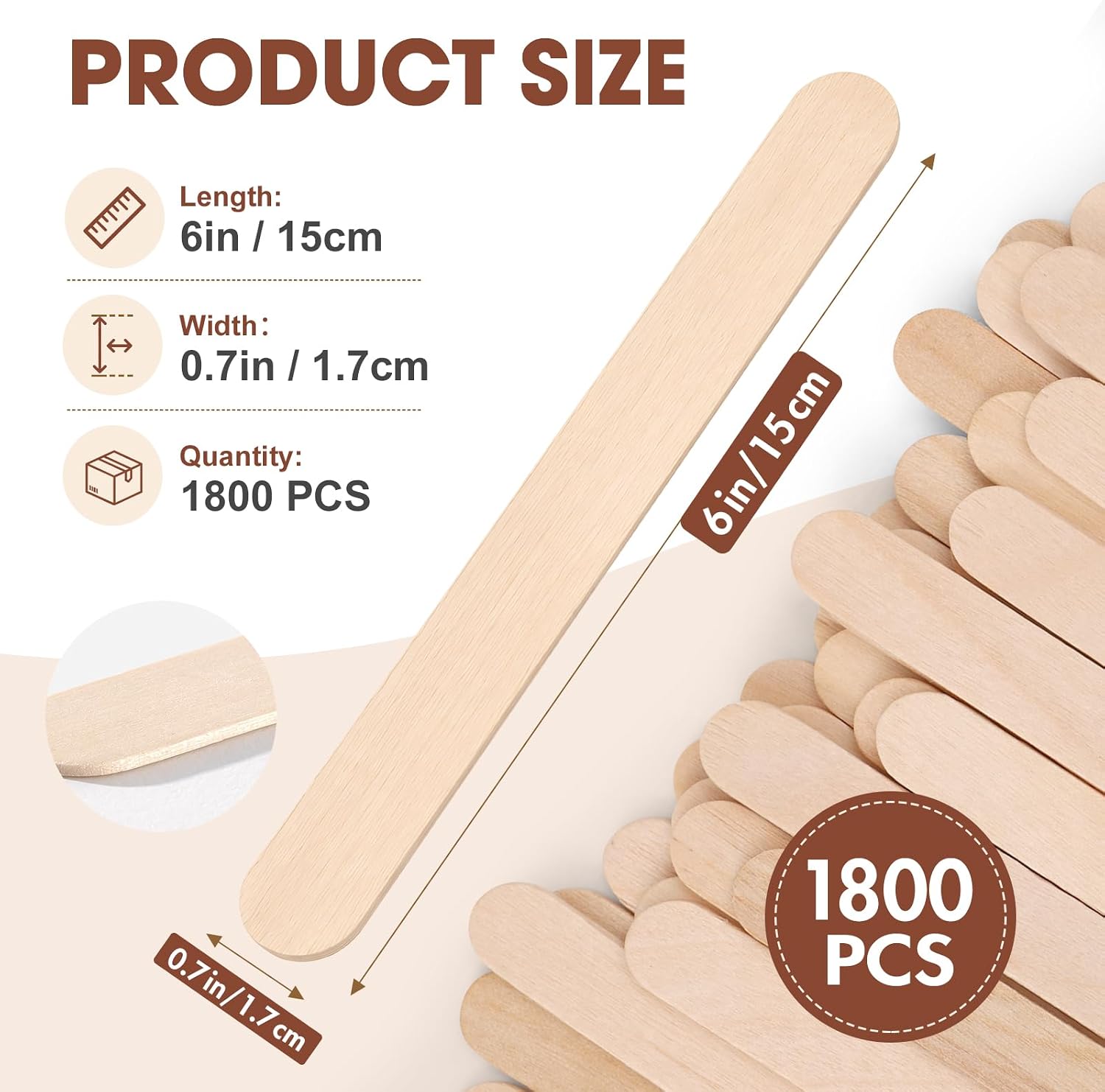 1800Pcs Large Wooden Craft Sticks, 6 Inch Wax Sticks for Hair Removal | Natural Wooden Wax Spatulas Applicator, Popsicle Sticks for Body Hair Removal, Tongue Depressors and Craft Projects