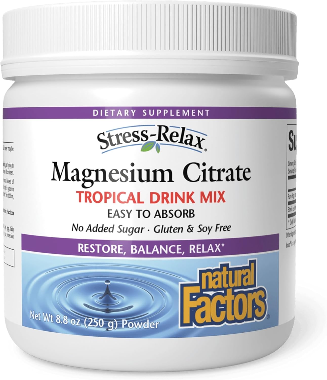 Stress-Relax Magnesium Citrate Drink Mix by Natural Factors, Restores Normal Levels of Magnesium & Balances Calcium Intake, Non-GMO, Tropical Flavor, 8.8 oz (75 servings)