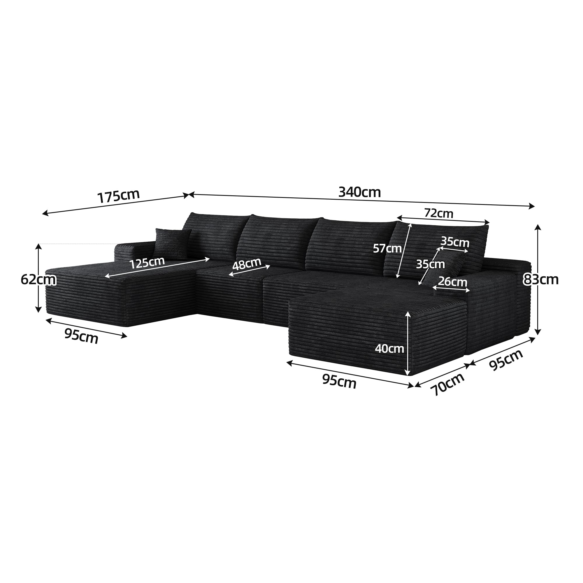 Canapé d'angle Modulable 340 Cm en L avec MéRidienne, Canapé Moderne à Assise Profonde,Livré Compressé,Aucun Assemblage Requis pour Salon,Chambre Et Appartement (Noir, Linke Chaiselongue+1 Ottomane)