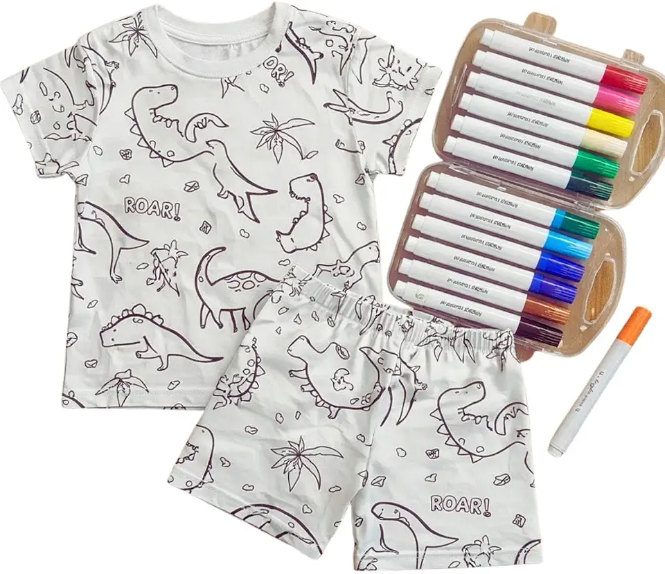 Pijama Infantil Algodão Menino Dinossauro Para Colorir Kit Criativo Com 12 Canetinhas, tinta acrílica, shorts e camiseta