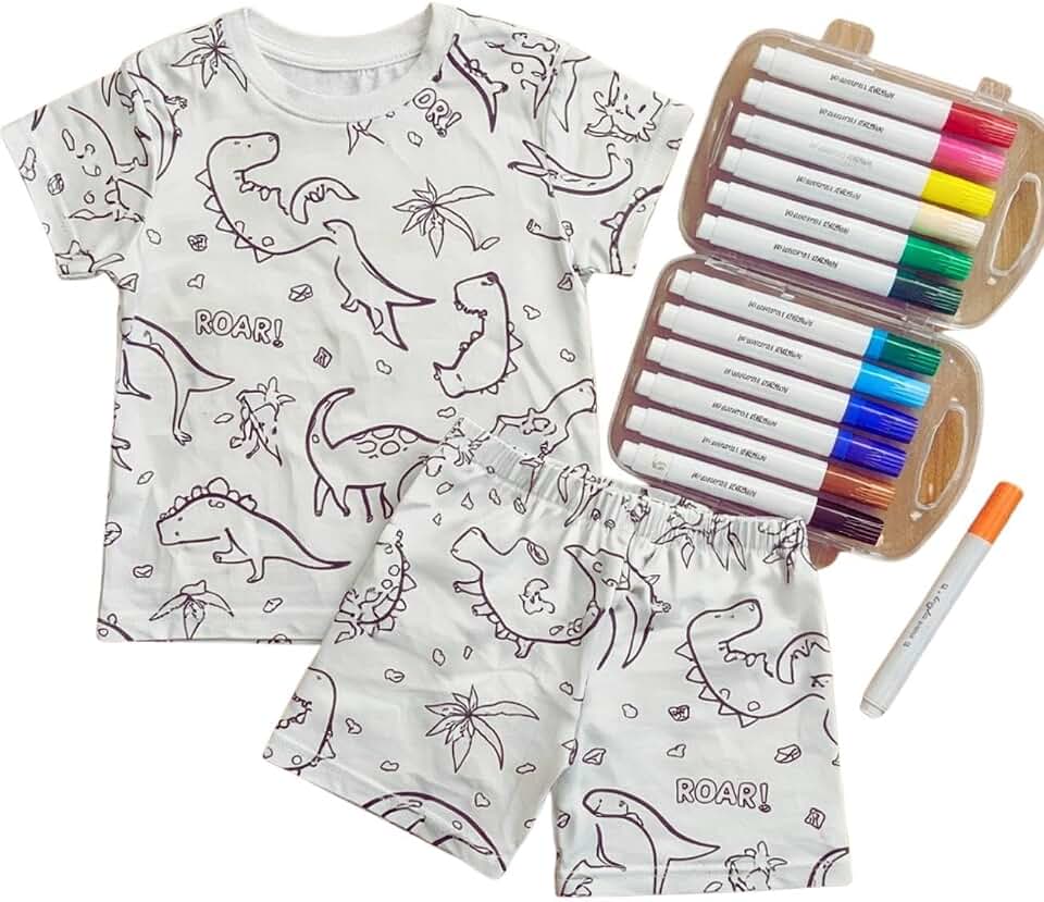 Pijama Infantil Algodão Menino Dinossauro Para Colorir Kit Criativo Com 12 Canetinhas, tinta acrílica, shorts e camiseta