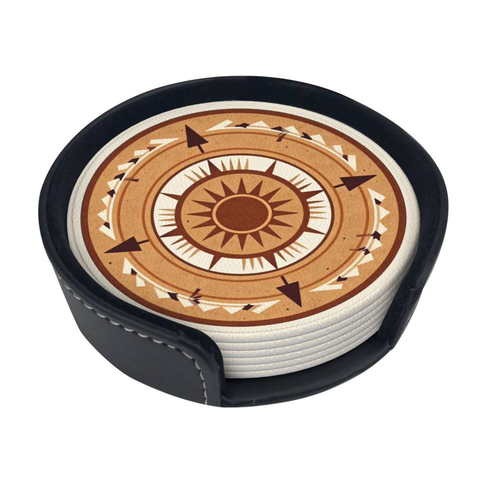 Cntdbu White Mysterious Symbol Leather Coasters Set Of 6-Pu Leather Drink Mats For Table, Heat Resistant Round Coasters With Holder