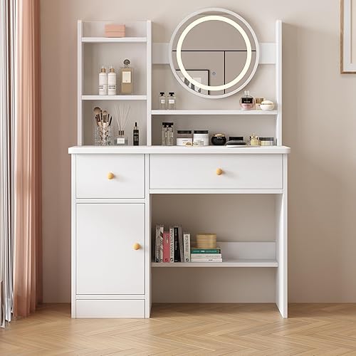 Dressing Table,Makeup Table with Drawers, Vanity Desk with Mirror and led Lights,3 Lighting Mode,Makeup Vanity Desk,Multifunctional Makeup Writing Desk for Bedroom (80CM)