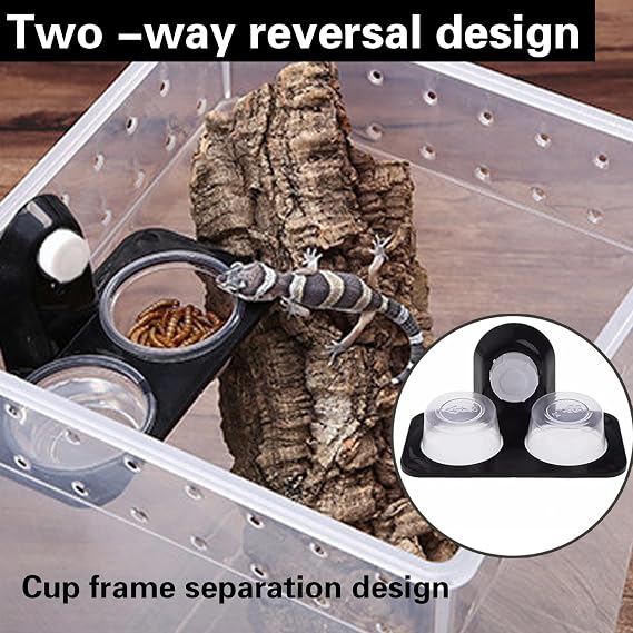 2PCS Reptile Feeding Ledge, Double Bowl Suction Cup Feeder | Plastic Gecko Feeding Ledge for Turtle, Lizard and Iguana, Hanging Reptile Food Bowl with Strong Suction Cups