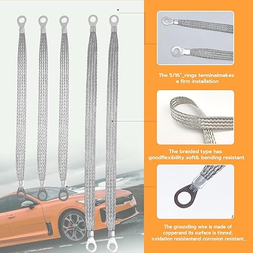 Miniatura 3 de Correa de tierra de cobre trenzada plana universal, 3 piezas de 10 x 12 pulgadas y 2 piezas de 13 x 12 pulgadas, kit de correa de tierra de motor de